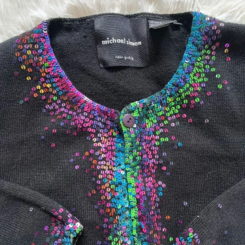 Vintage Michael Simon Rainbow Sequins Trimmed Black Cardigan Sweater Medium